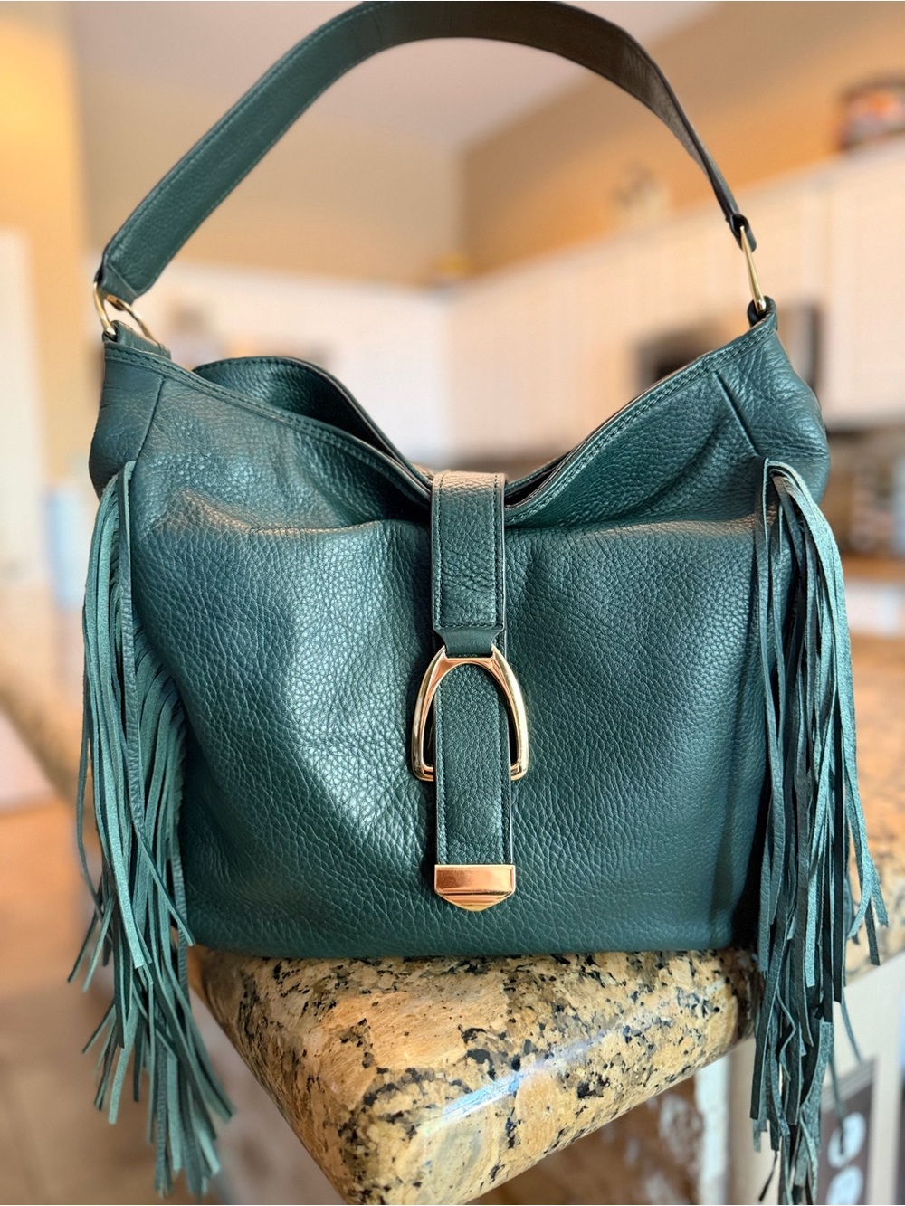 NWOT G.I.L.I. Got it love it emerald green peebled leather hobo fringe bag